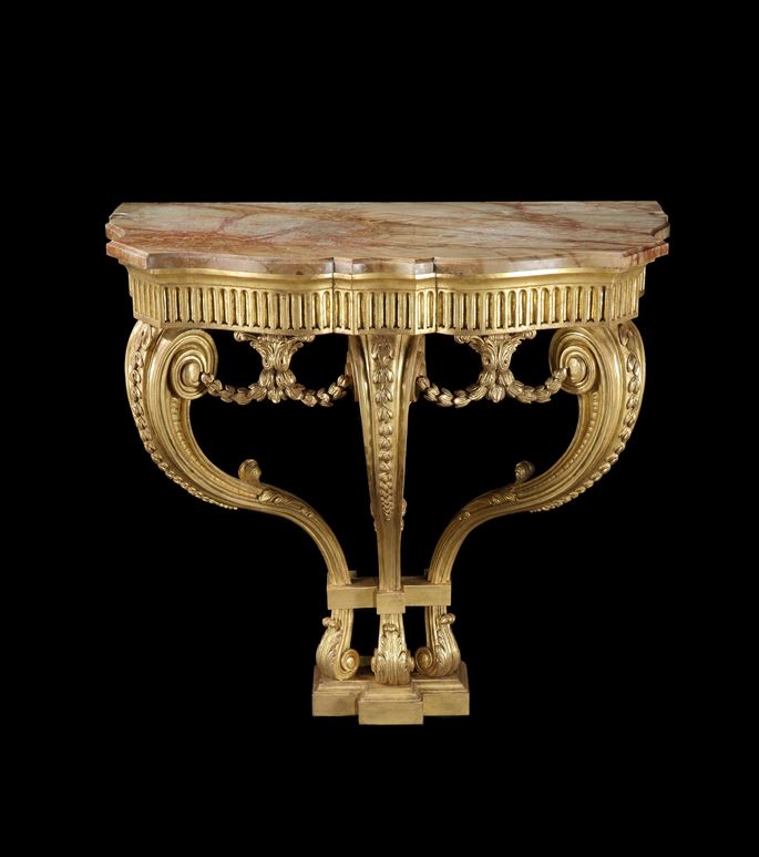 A PAIR OF GEORGE III GILTWOOD CONSOLE TABLES EN SUITE WITH A PAIR OF GILTWOOD OVAL MIRRORS | MasterArt